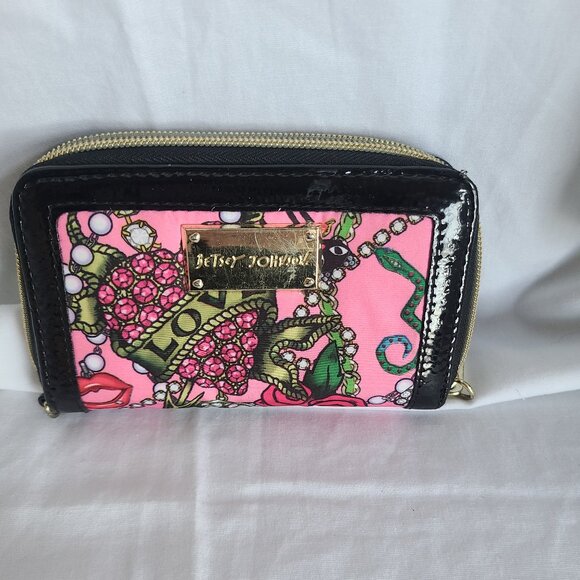 Betsey Johnson Pink Pearl Bling Floral Designer Zip Compartment Wallet - Picture 1 of 3